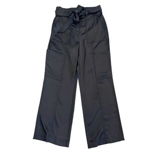 White House Black Market WHBM Black Wide Leg Cargo Pants Tie Waist Satin Size 2